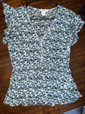 Club Monaco Blue and Green Dot Flutter-Sleeve V-Neck Top